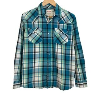 Levis Plaid Pearl Snap Western Shirt Mens Size Small Cowboy Casual Cotton